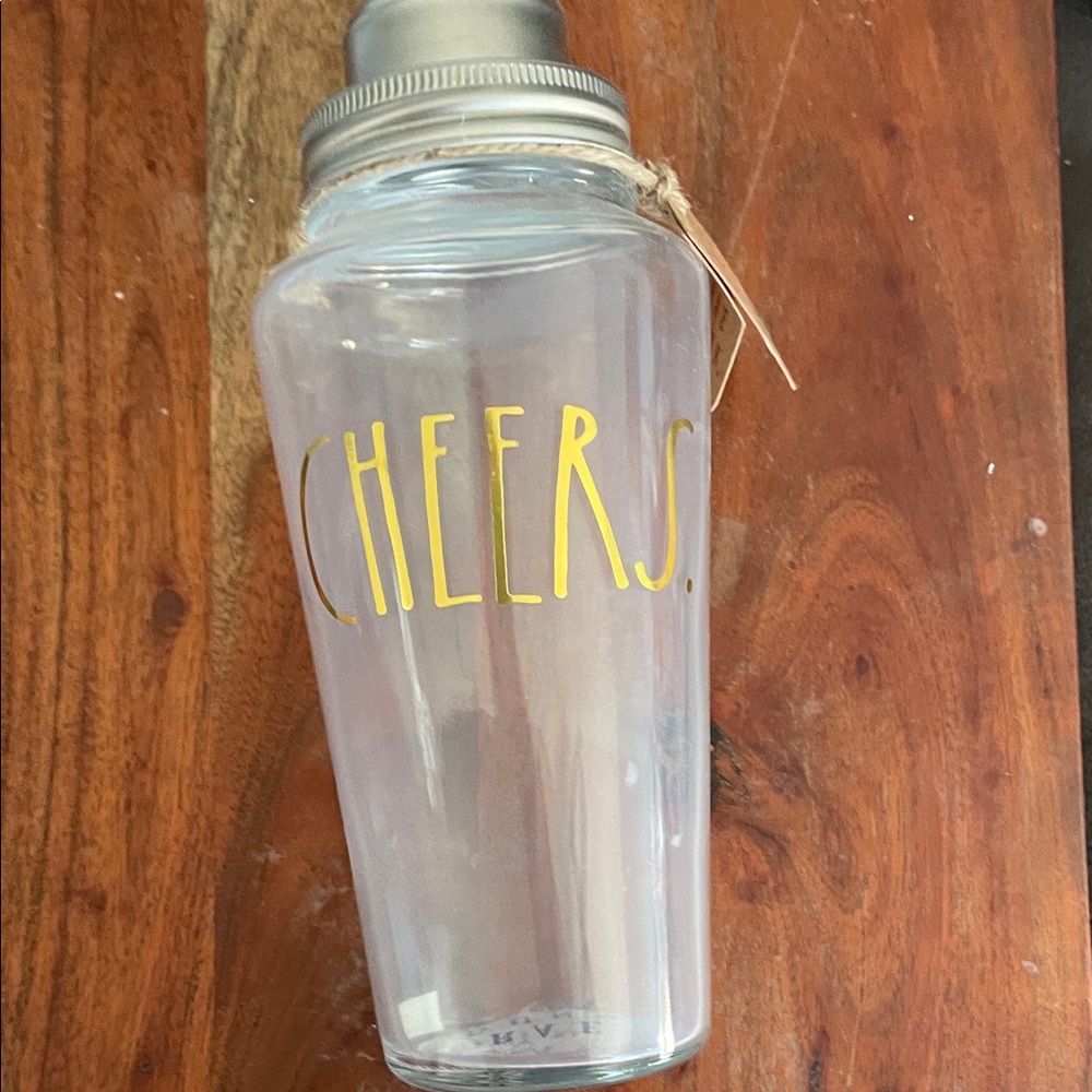 Rae Dunn Glass Cocktail Shaker with Gold Cheers